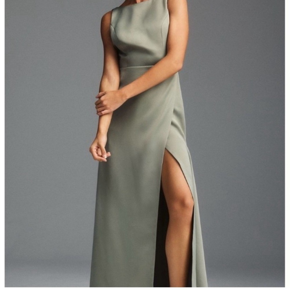 BHLDN Alice Maxi Dress Womens Small Sage Green High Neck Satin Formal Excellent